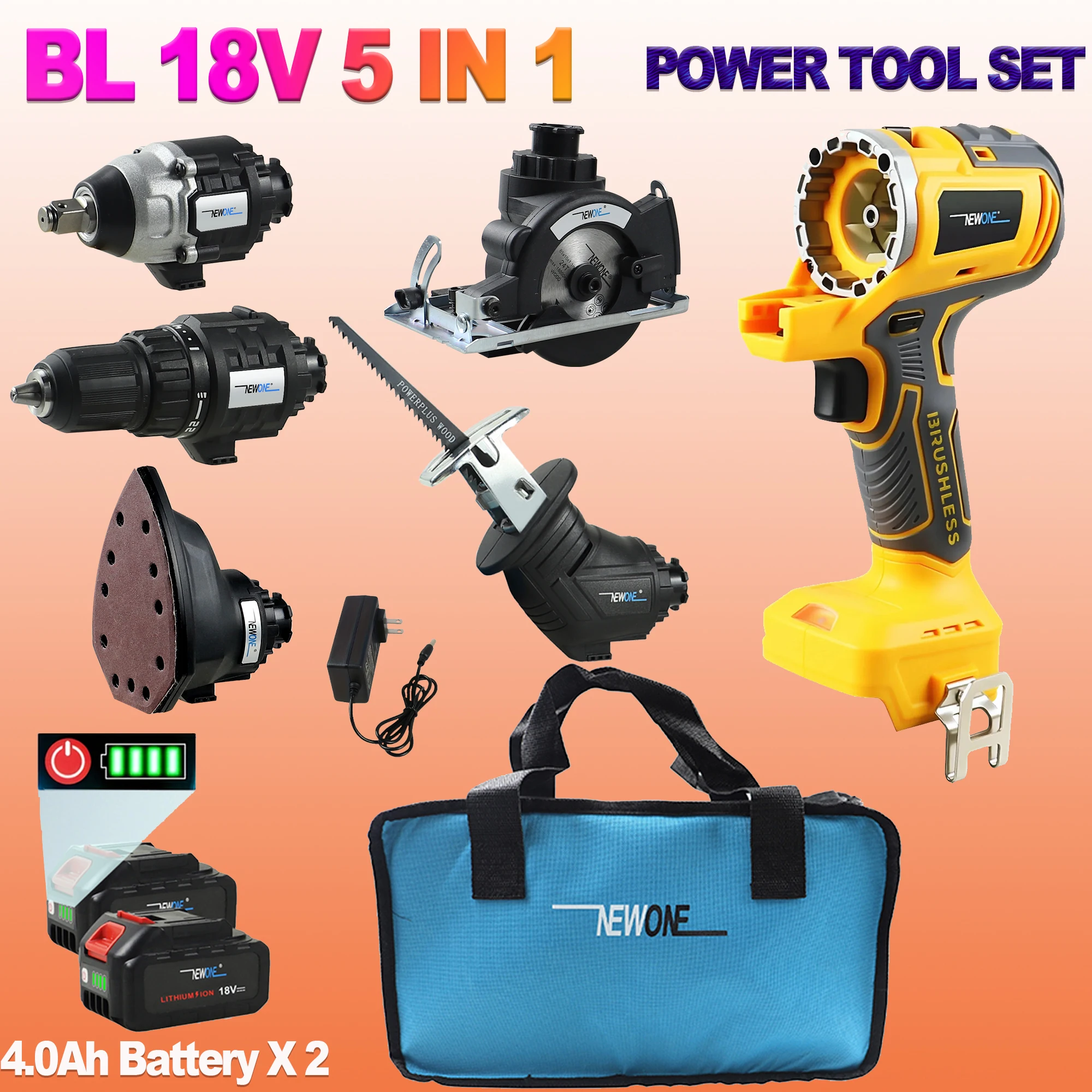 

Brushless Cordless Combo Kit with Bag, Drill, Recip saw, Detail sander, Circular saw, 2X 4.0Ah Lithium Battery and Charger