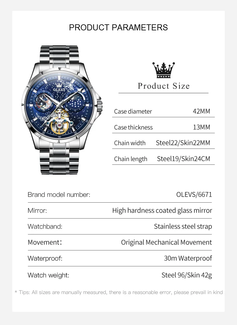 OLEVS Men Watch Automatic Mechanical Skeleton Starry Sky Moon Phase Luminous Waterproof Stainless Steel Mechanical Watch 6671