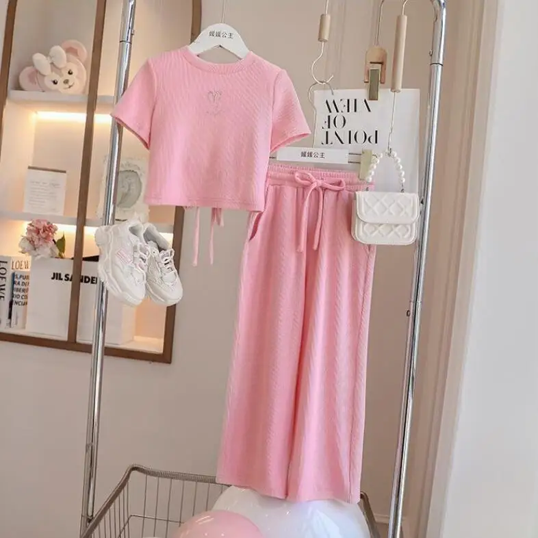 Retail 2023 New Baby Girls Teenage Summer Fashion Pink Sets,  Back Hollow Out Top+ Pants   3-10T