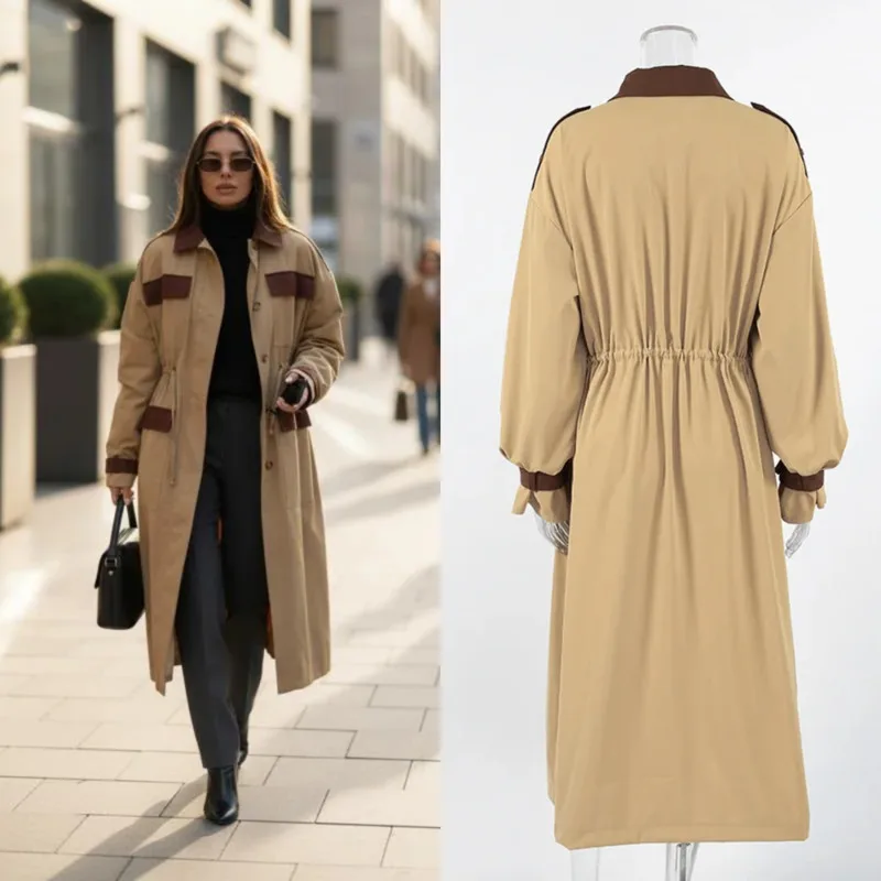 

Vintage British Style Khaki Long Trench Coat Women's Contrast Lapel Design Loose Fit Autumn Fashion Commuter Jacket Outerwear