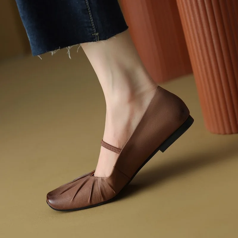 

Pleated Shoes Woman Retro Ballet Shoes Autumn Spring Mary Jane Sheepskin Real Leather Shoes French Style Woman Flats Square Toe