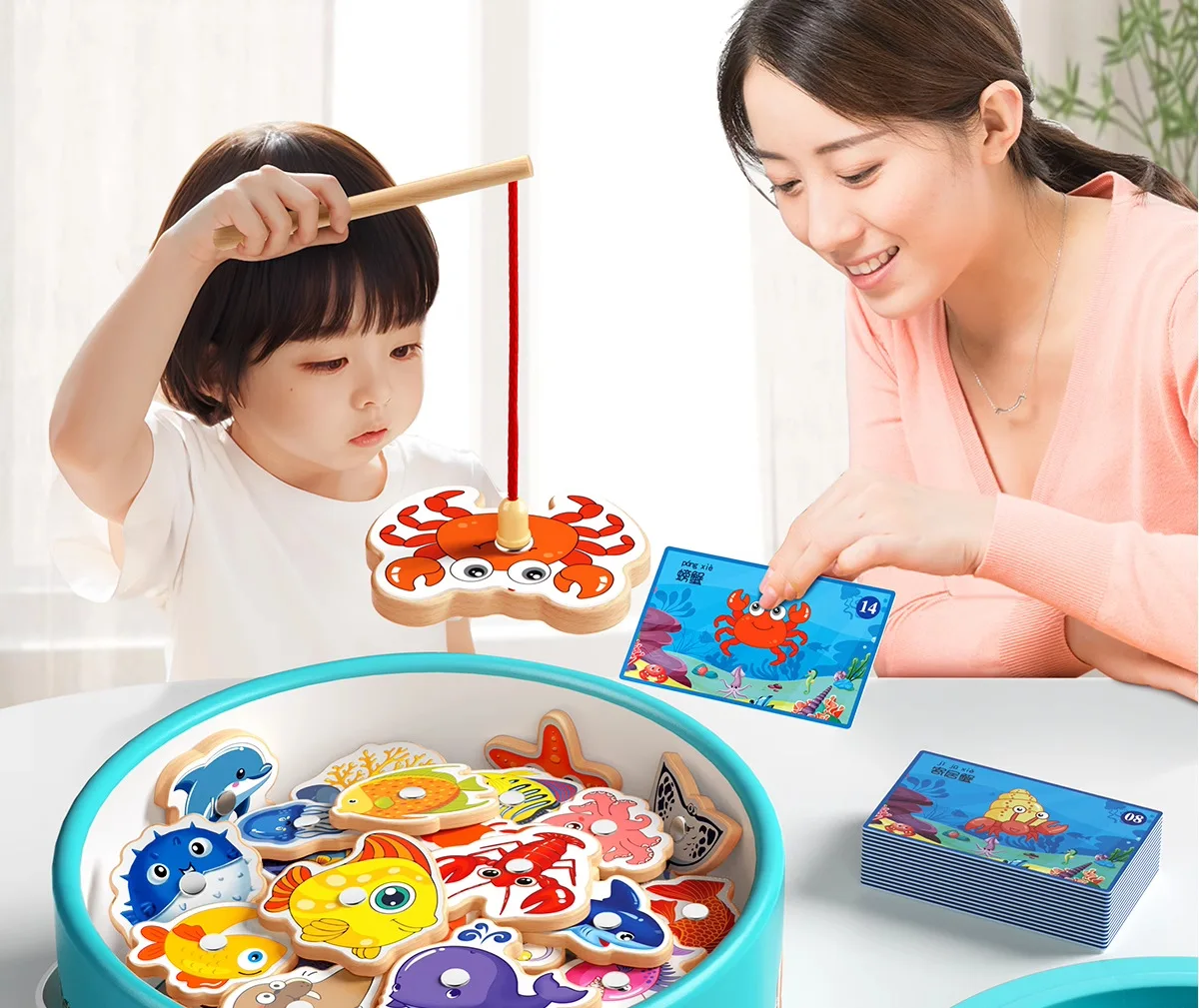 Giocattoli da pesca per bambini Educazione precoce magnetica in legno Cognizione Pesce oceano Puzzle genitore-figlio Pesca Gioco divertente per l'asilo