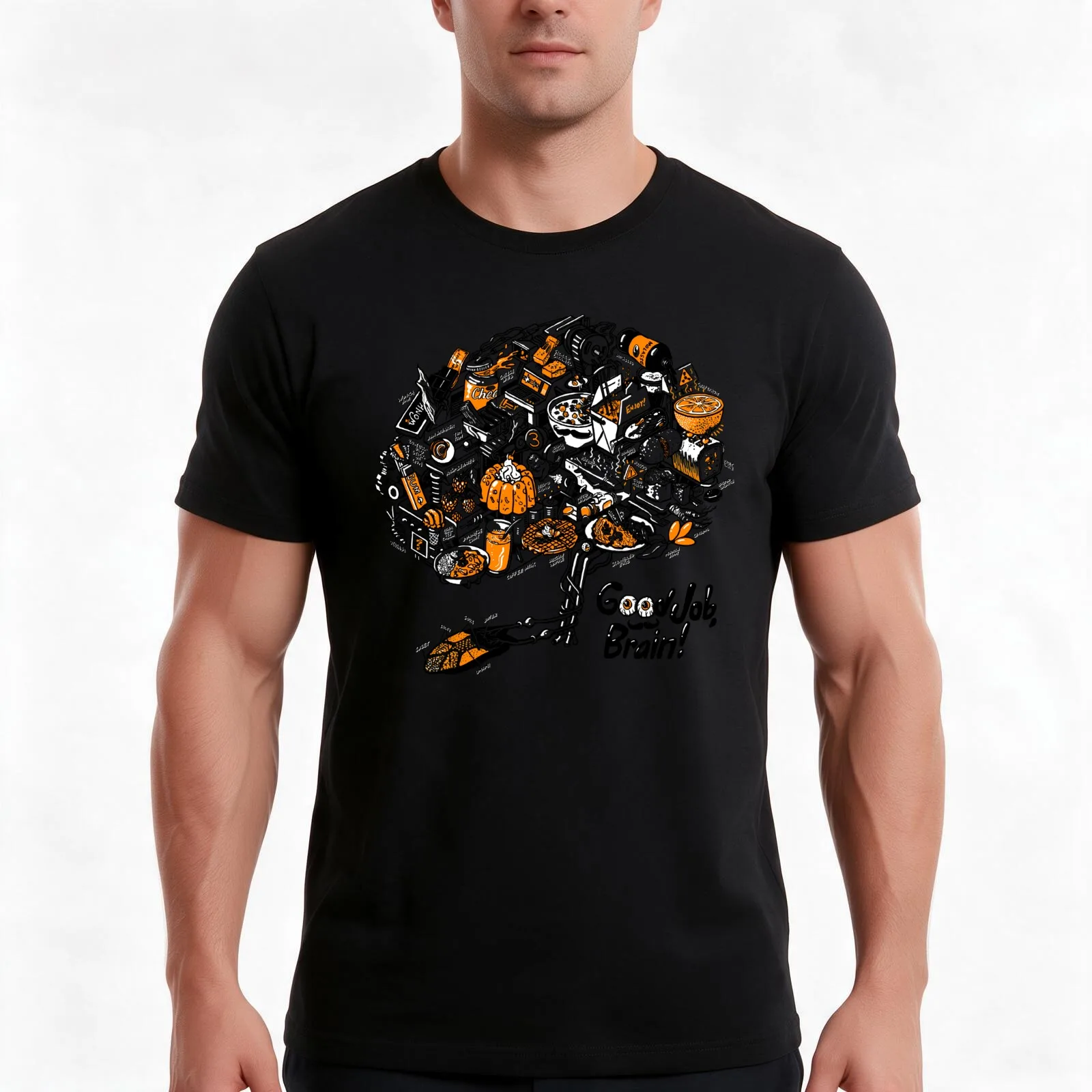 Brain Food T-Shirt, Summer Casual Cotton Tee, Oversized Streetwear Tops, Vintage Graphic Print, Loose Fit Short Sleeve