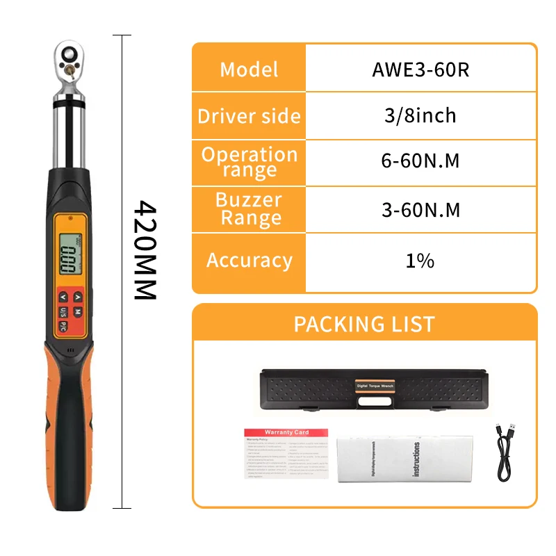 AWE3-60R  Digital Angle Torque Wrench With USB Interface Bicycle Car Repair Tool Professional Adjustable Preset Torque Spanner