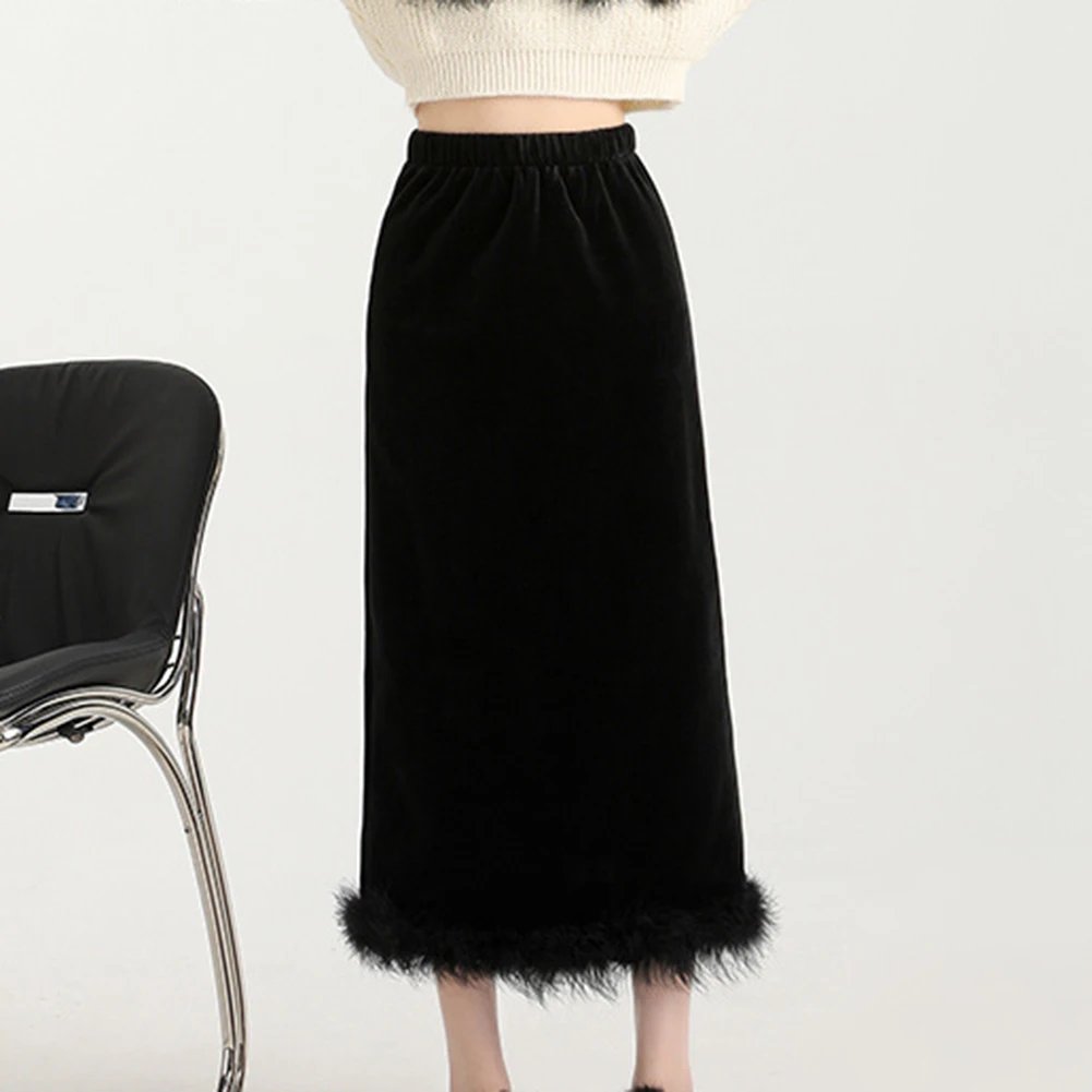 Club Wear Feather Velvet Skirt Elegant Slit Skirt Casual Vacation Wear For Women Applicable Gender Female Brand New Condition