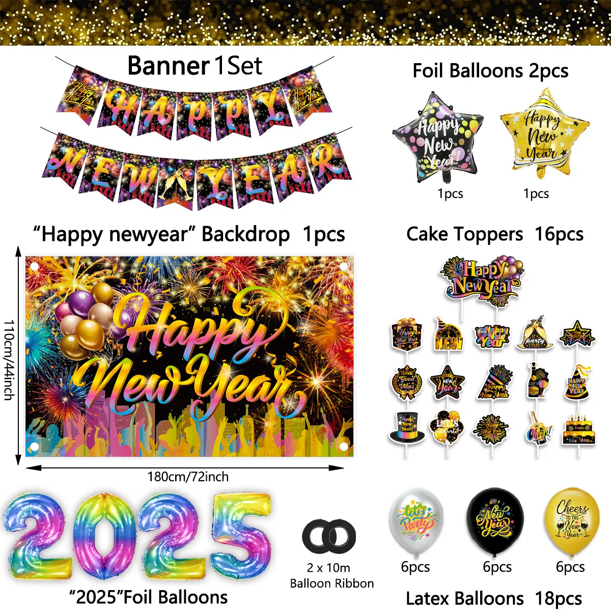 Happy New Year Party Decoration Supplies 2025 Backdrop Banner Foil Balloon, Photo Booth Props, Swirls, New Years Eve Black Decor