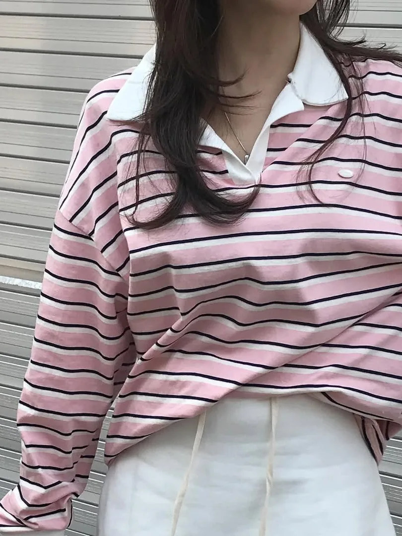 ゆったりとした長袖Tシャツ レディース 韓国風 おしゃれ 襟付き ベースレイヤー トップス ストライプ ボトムシャツ ゆったりスタイル