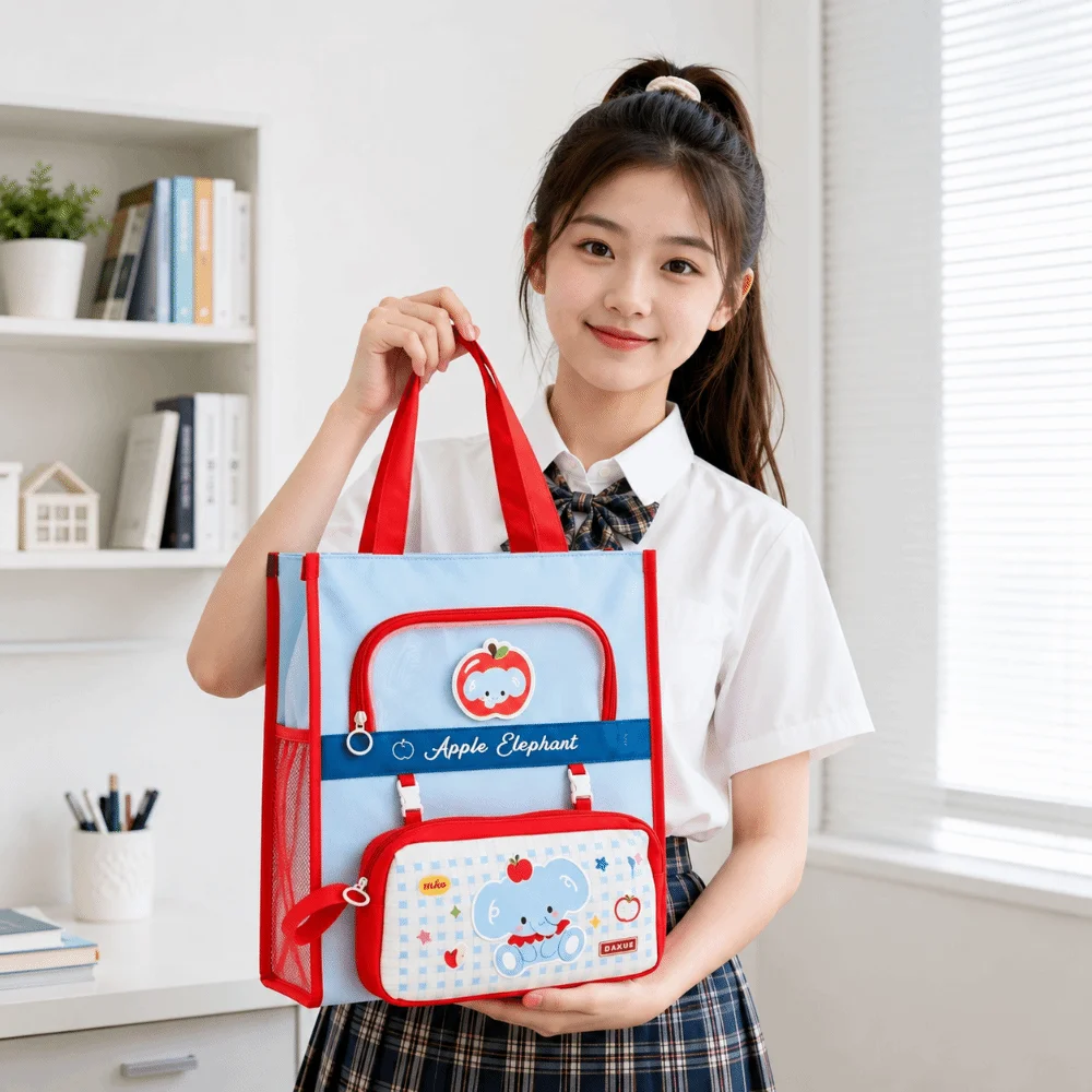 Kawaii Cute Animals Tote School Bag Handheld Detachable Pencil Case Multi-layer File Organizer Large Capacity Oxford Cloth
