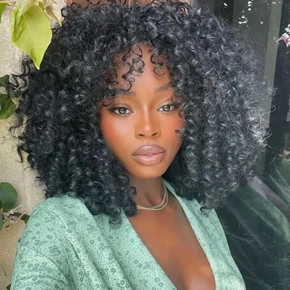 

Curly Wigs for Black Women - Natural Black SyntheticAmerican Full Kinky Curly Afro Hair Wig with Bangs