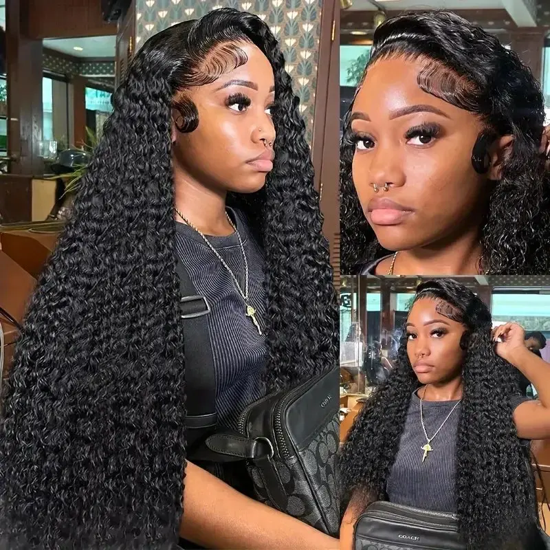 Natural Black 13x6 Curly Lace Front 42 Inch Frontal Wig Glueless Deep Wave Human Hair Wigs  For Women Full 150% Brazilian