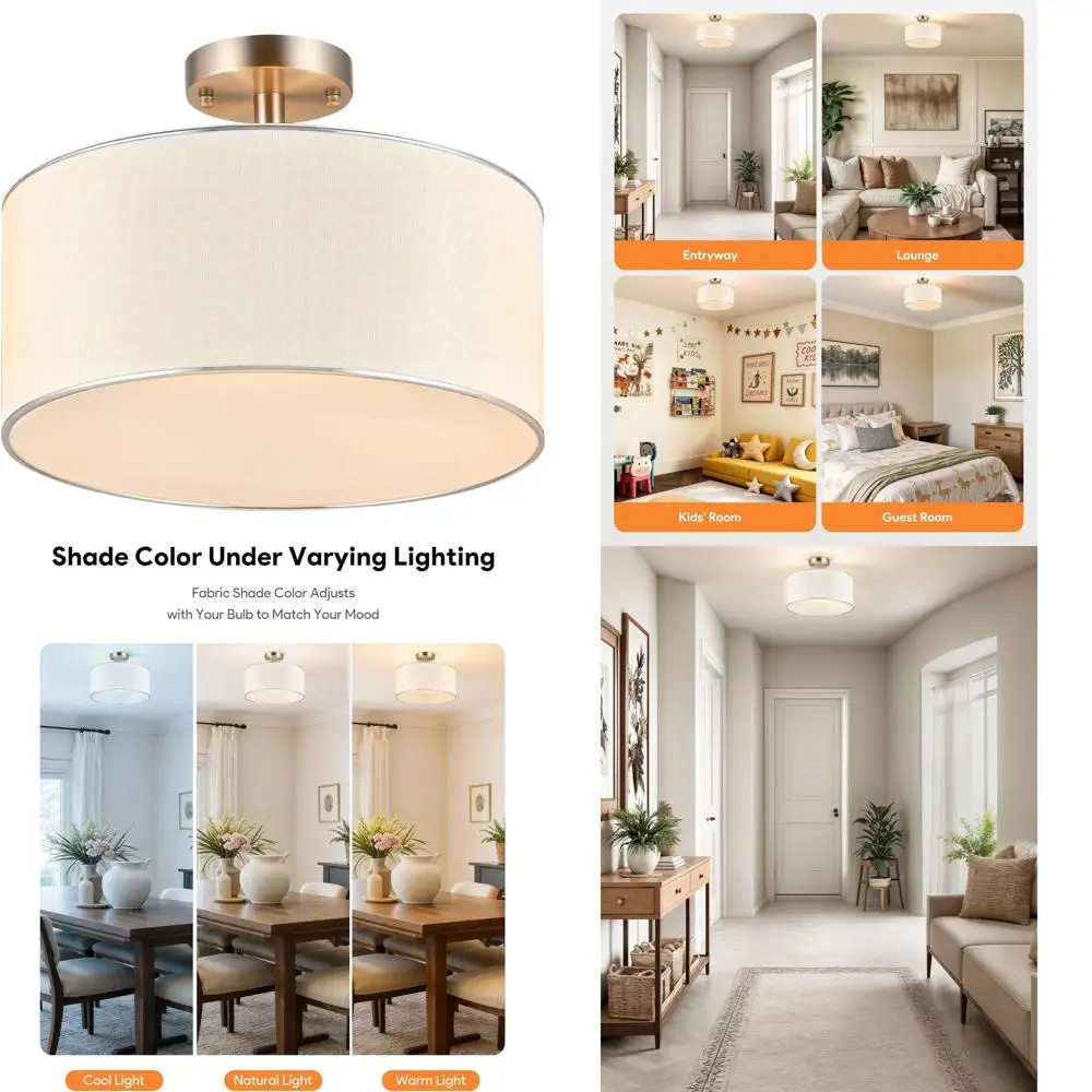 

15 Modern Semi-Flush Ceiling Light with 3 White Drum Shades, E26 Sockets, Suitable for Bedroom, Entryway, Living Room, Nickel Fi