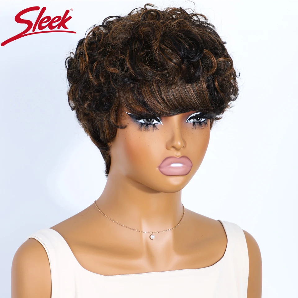 

Sleek Short Human Hair Wigs For Women P1B/30 Highlight Colored Pixie Cut Brazilian Hair Wigs 100% Real Ready To Wear Curly Wigs