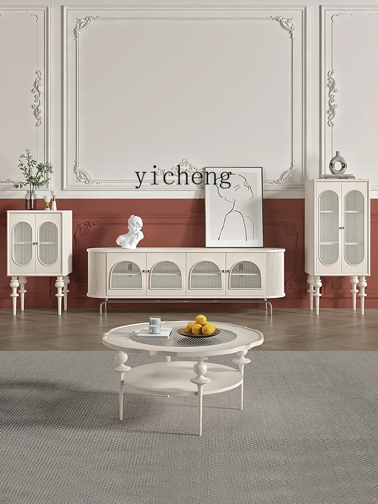 TQH6.23 Solid Wood Gourd Leg Mid-Ancient Side Cabinet Cream White Changhong High Glass Cabinet Locker
