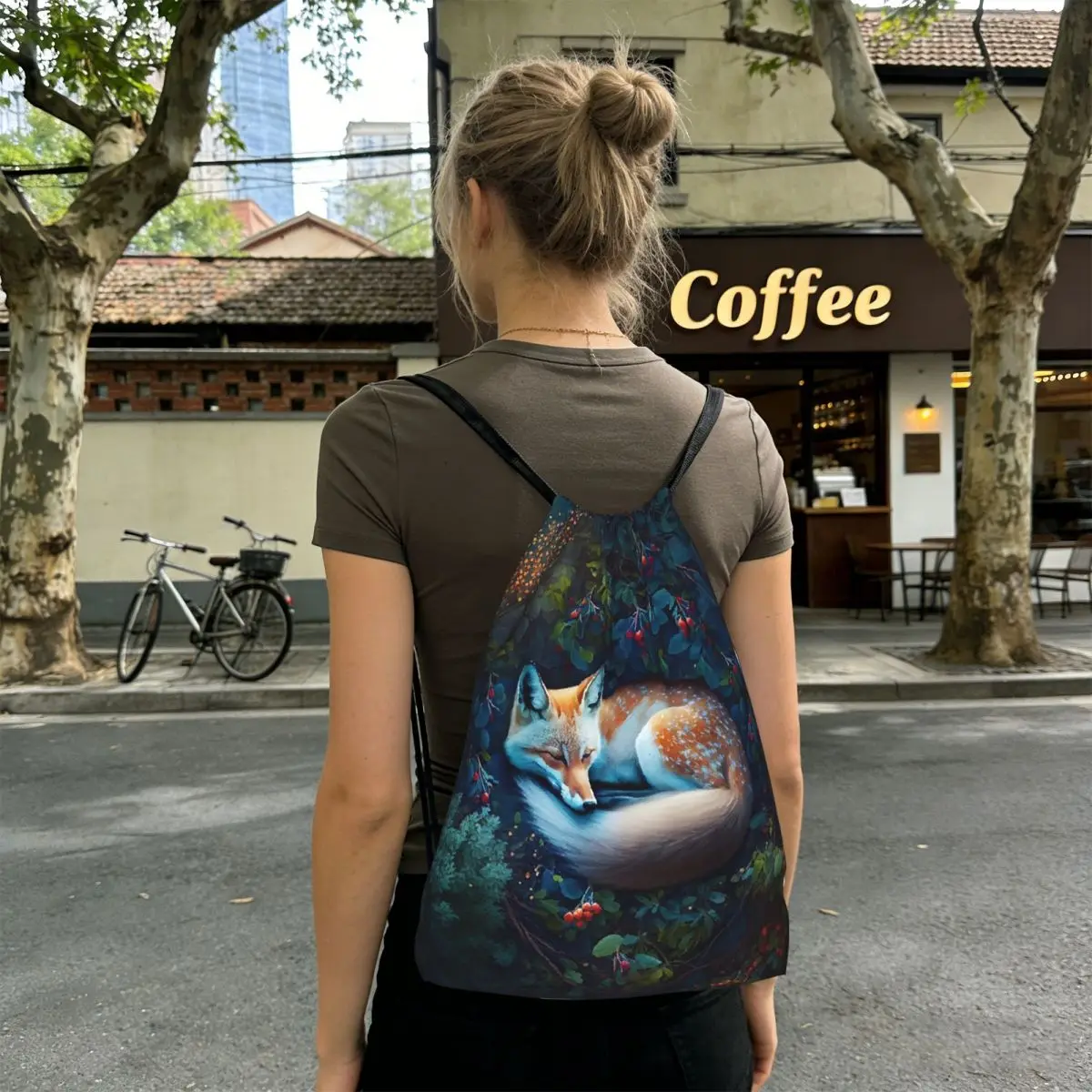 The Fox Sleeping In The Forest Backpacks Casual Drawstring Bags Sports Bag Book Bags for Travel Students