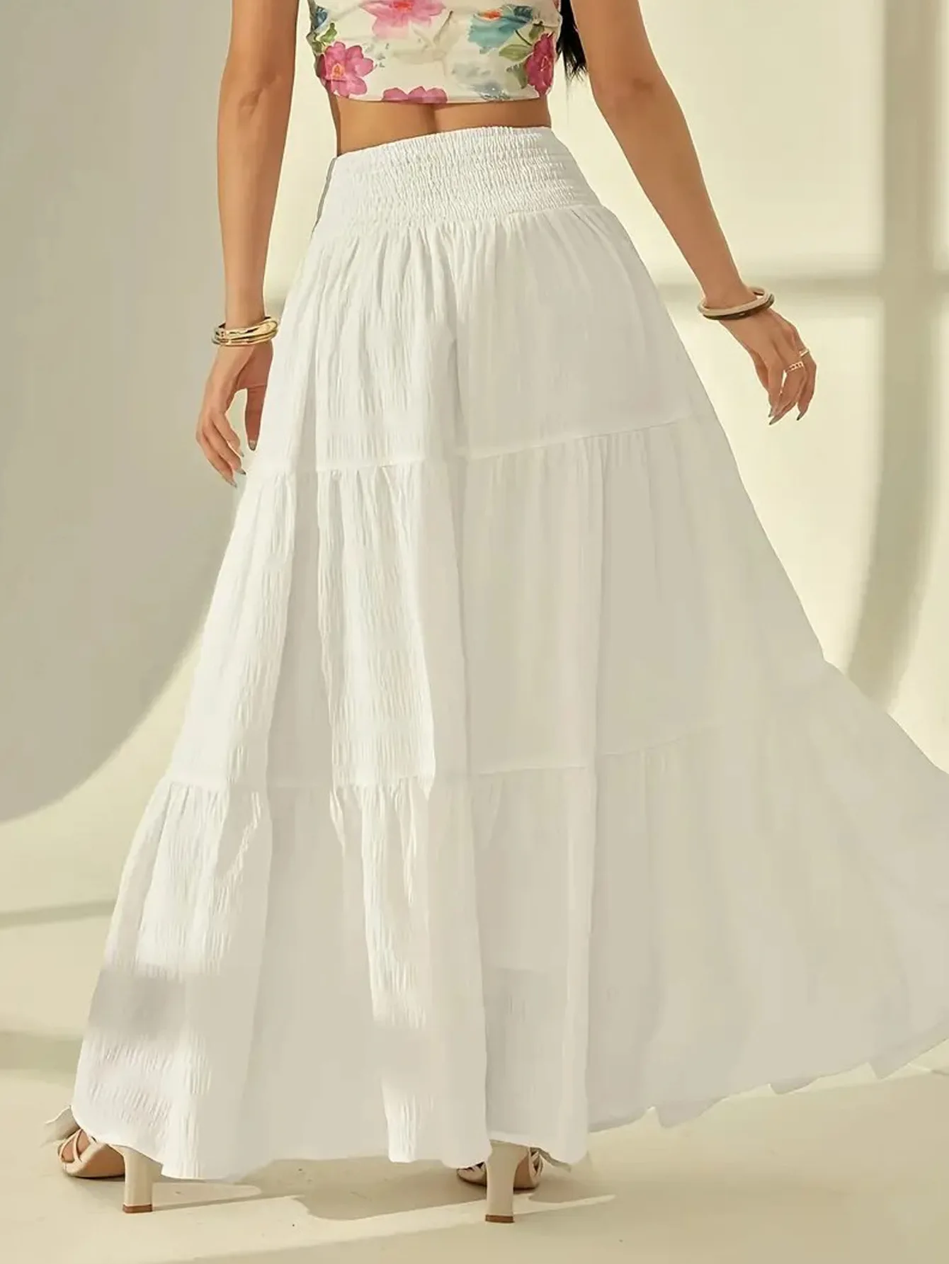 Women White Tiered Maxi Skirt Elastic Smocked High Waist Flowy Ruffle Long Skirt