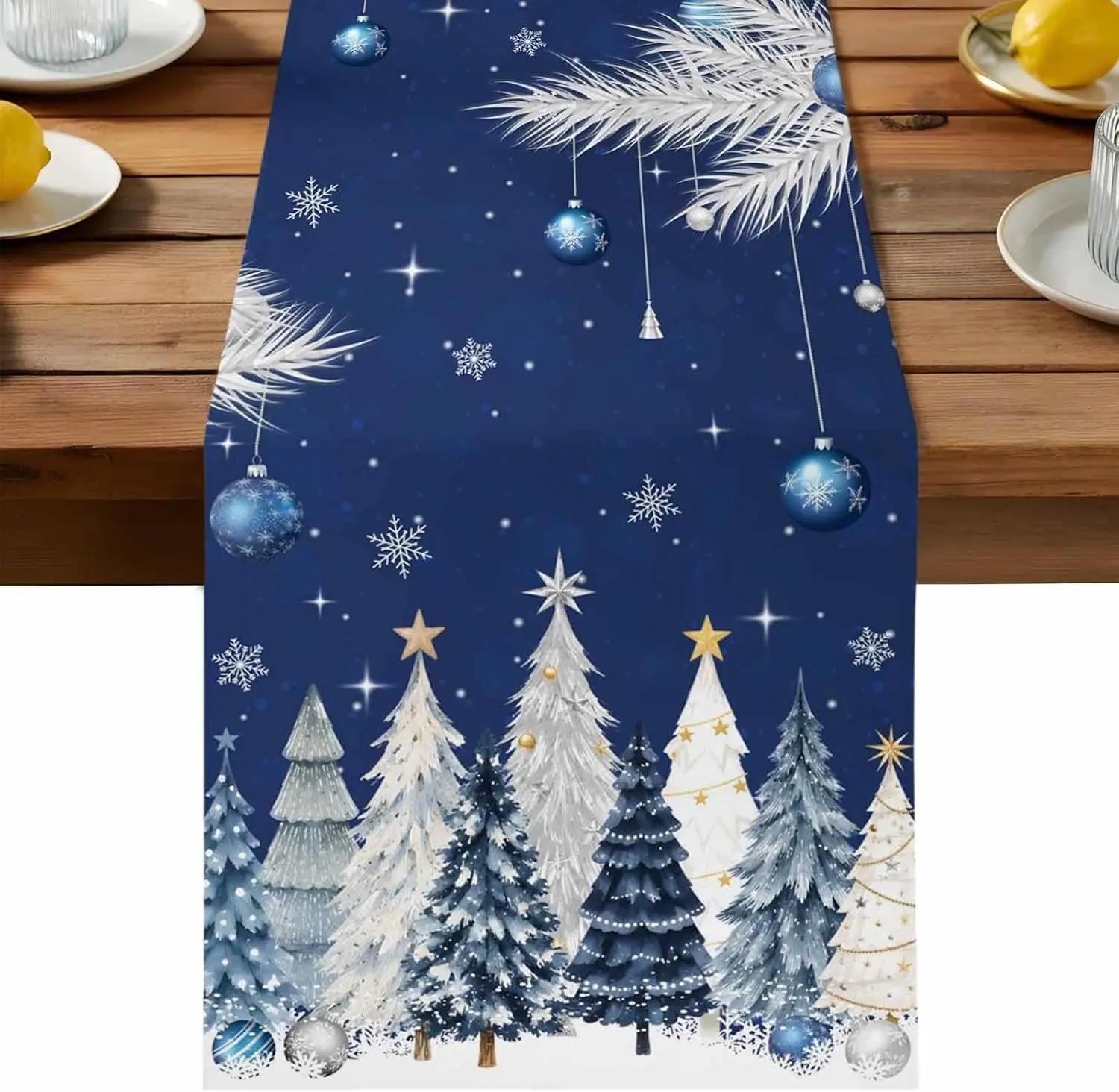 Christmas Snowflake Xmas Tree Branches Linen Table Runner Party Decor Reusable Kitchen Dining Table Runner Christmas Decorations
