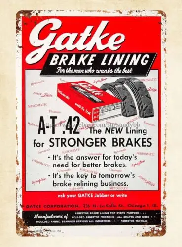 buy printer online 1952 Ad Gatke Brake Lining Automotive Part metal tin sign