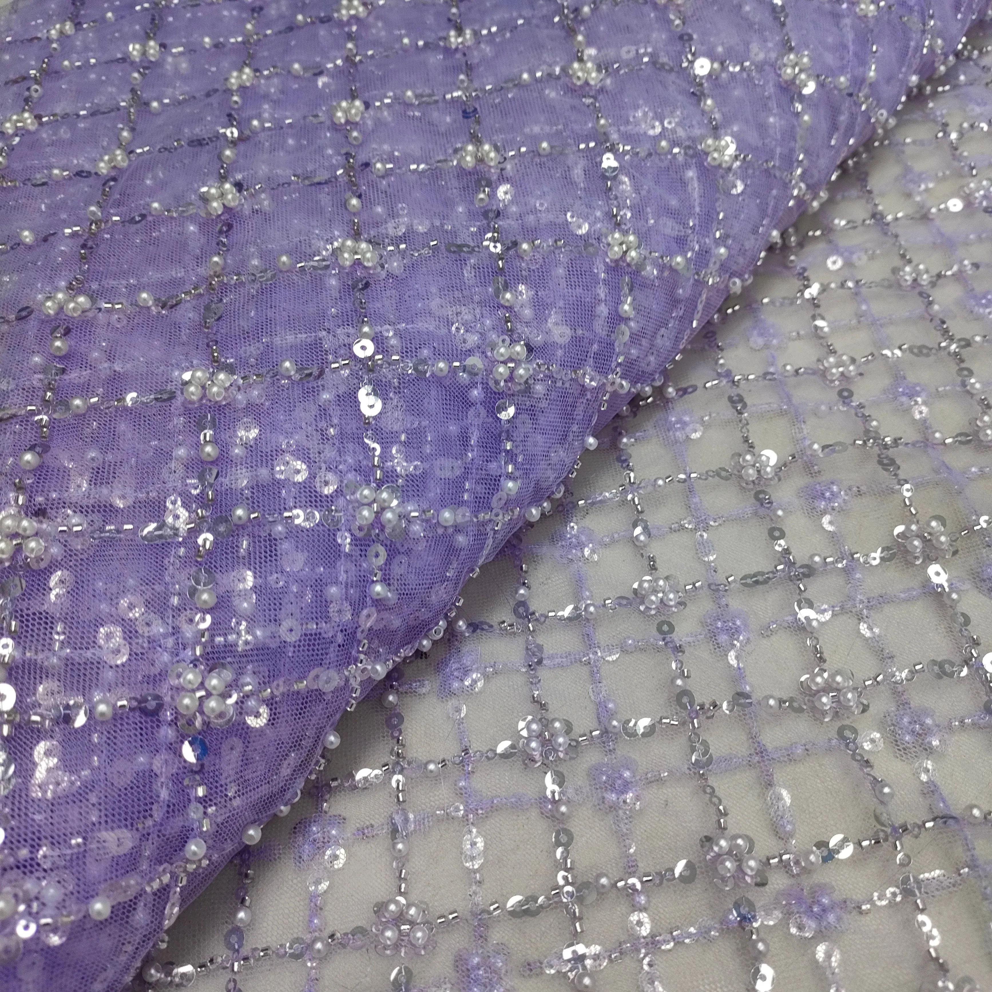 Costura de tule africano frisado tecido de renda lantejoulas em forma de design para vestido de casamento feminino tecido de renda para vestido