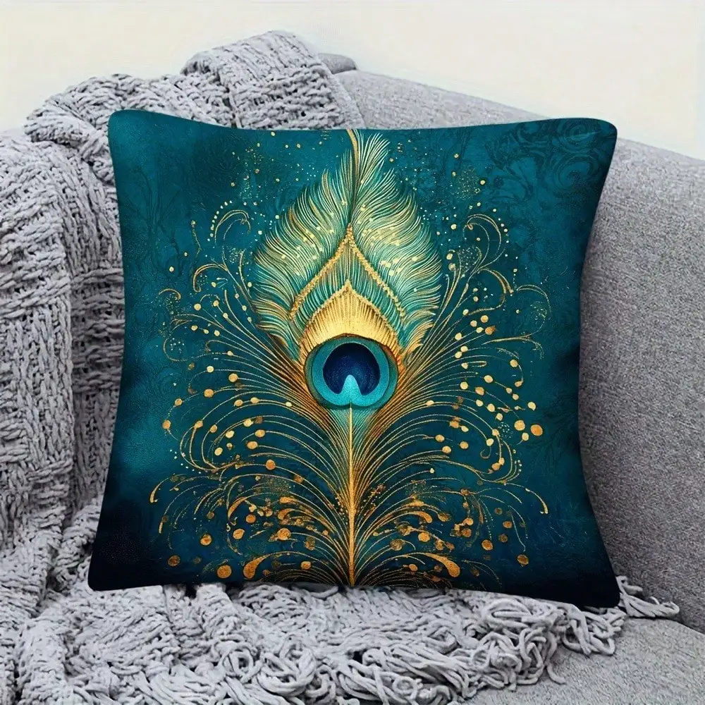 1pc 18x18 Inch Green Turquoise Peacock Feather Throw Pillow Cover - Luxurious Boho Cover, Cushion Case With Turquoise & Jade Hues, For Sofa Bed Chair Decor, Contemporary Luxury Pillowcase (No Insert)