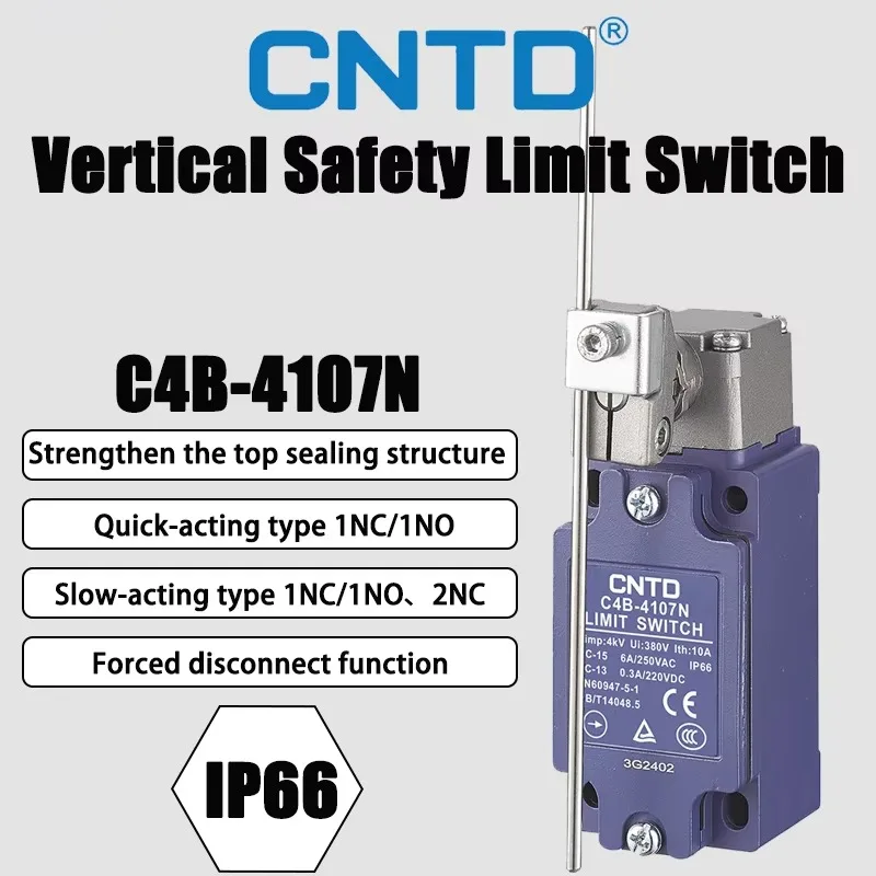 CNTD C4B-4107N Adjustable Rod Swing Rod(Metal Long Rod) Vertical Safety Limit Switch Quick-action Type 6A250V IP66 Travel Switch