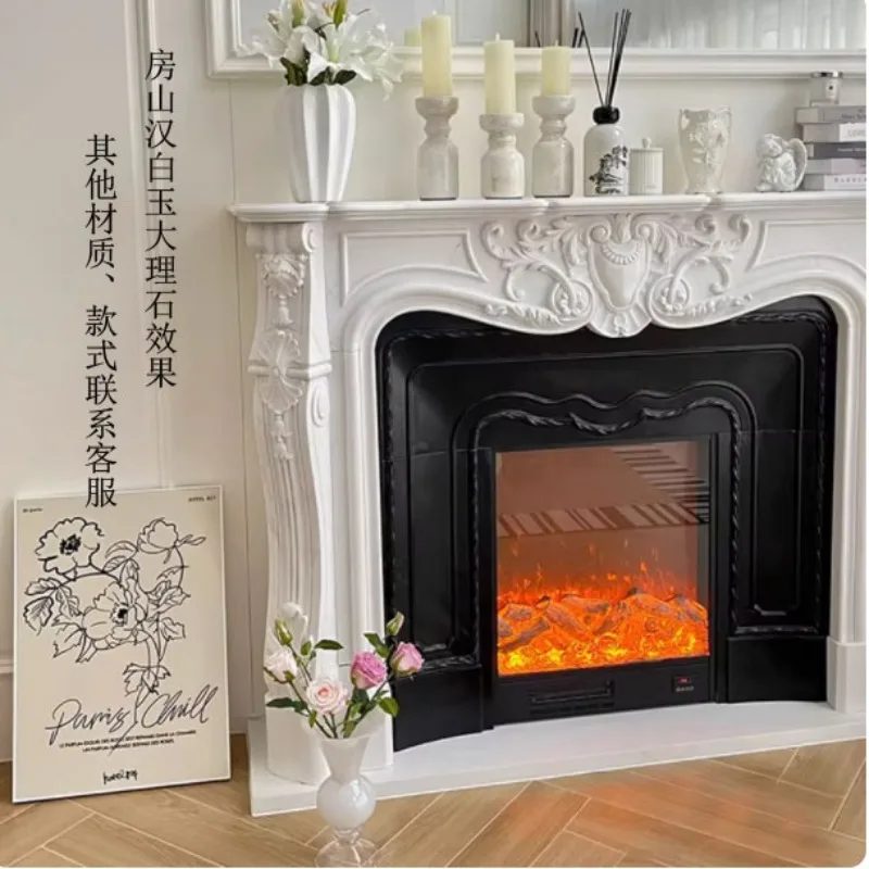 Stone carving marble fireplace French simple wind decorative cabinet villa mantel indoor large white custom stone carving