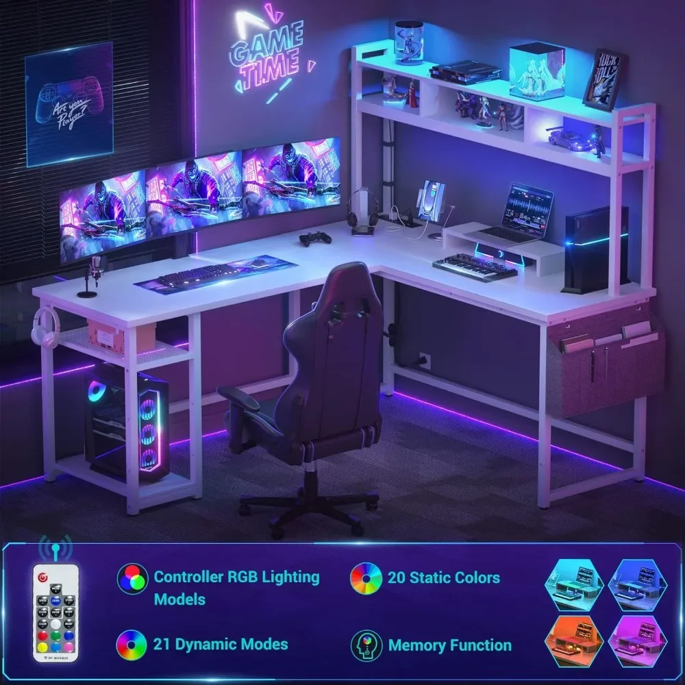 L Shaped Desk with Power Outlet&LED Strip,Reversible L-Shaped Corner Computer Desks Gaming Desk with Storage Shelf&Monitor Stand