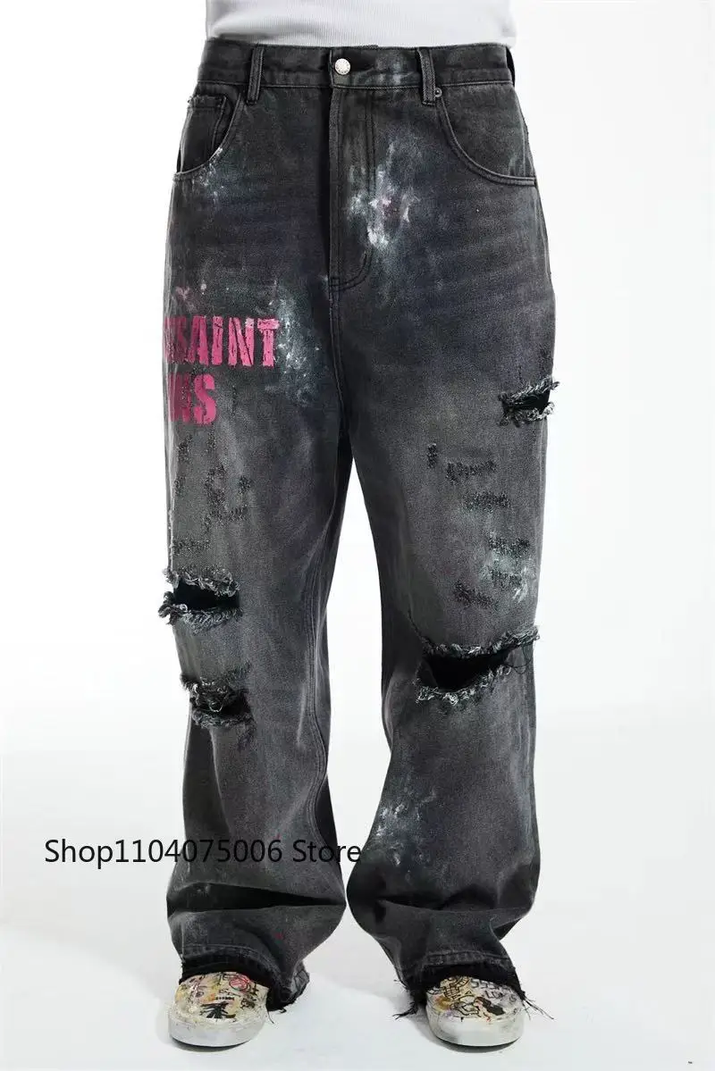 2025 세인트 디스트레스드 데님 팬츠 그래피티 아트 스트레이트 레그 미드 웨이스트 유니섹스 캐주얼 진