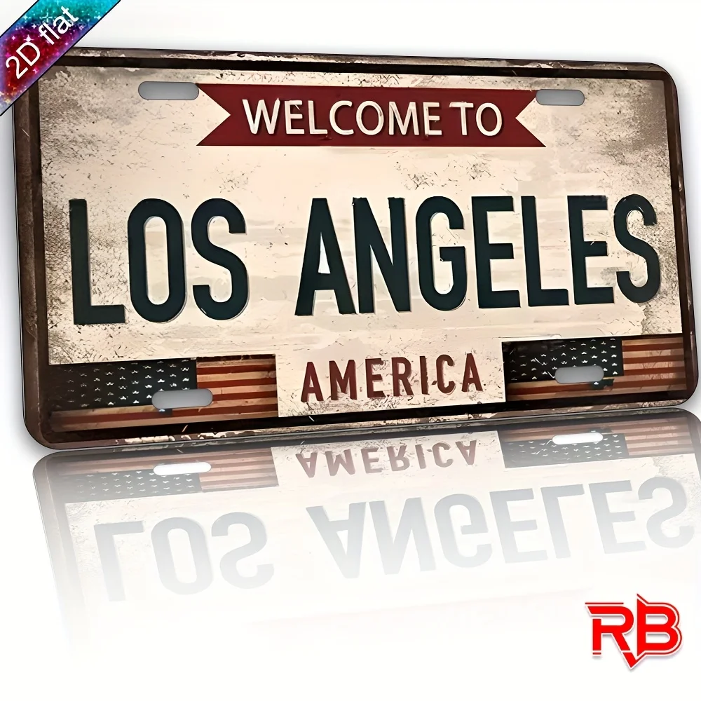 Willkommen in Los Angeles Amerika Vintage Nummernschild-Stil Aluminium Metallschild Retro USA Stadt Souvenir Wandkunst Deko für Zuhause B