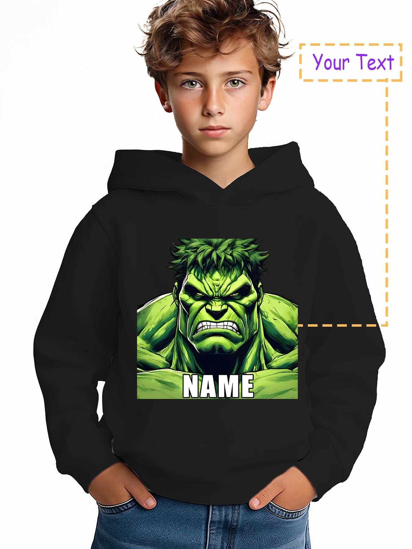 

MINISO Hulk Portrait Hoodie for Kids - Hulk's domineering portrait, hardcore trendy style, perfect for boys going out
