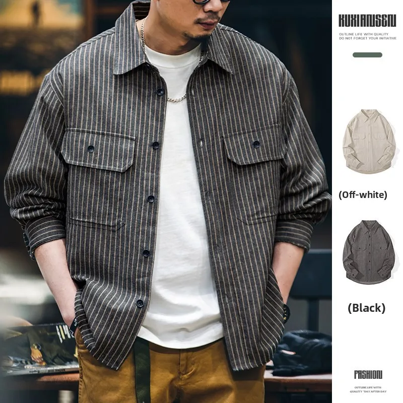 

Мужская рубашка-куртка в американском ретро-стиле из хлопка и льна в полоску, весна 2025, новая трендовая модель, свободный крой, повседневная, с длинным рукавом