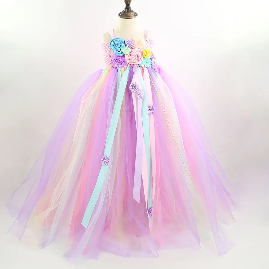 Girls Pastel Unicorn Flower Tutu Dress Kids Crochet Tulle Strap Dress Ball Gown with Daisy Ribbons Children Party Costume Dress