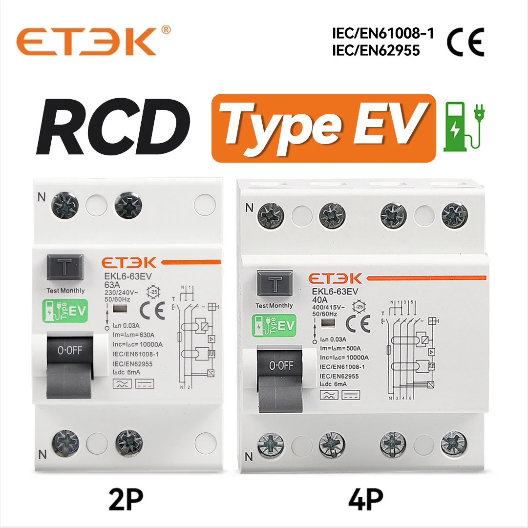 ETEK RCCB Type EV 2P 4P Earth Leakage Circuit Breakers for Car Evse Chargeing Station RCD 40A 63A 30ma EKL6-63EV 10KA Din Rail