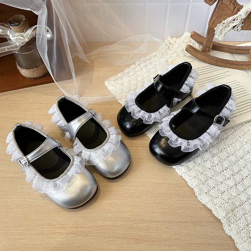 Autumn Girl's Mary Janes Lace Pu Leather Adorable Kid's Flat Shoe Solid Colors Anti-slip Daily Sweet Trendy Children Shoes 7-12Y