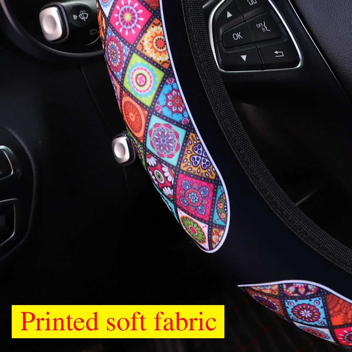 1 sunflower flower checkered black and white cow fabric car without inner ring steering wheel cover 14.5-15 inches handle cover