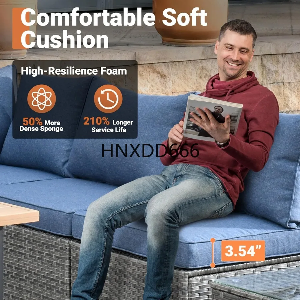 Outdoor 8 Piece Patio Furniture Set with Fire Pit Table, Conversation Sectional Wicker Couch with Coffee Table