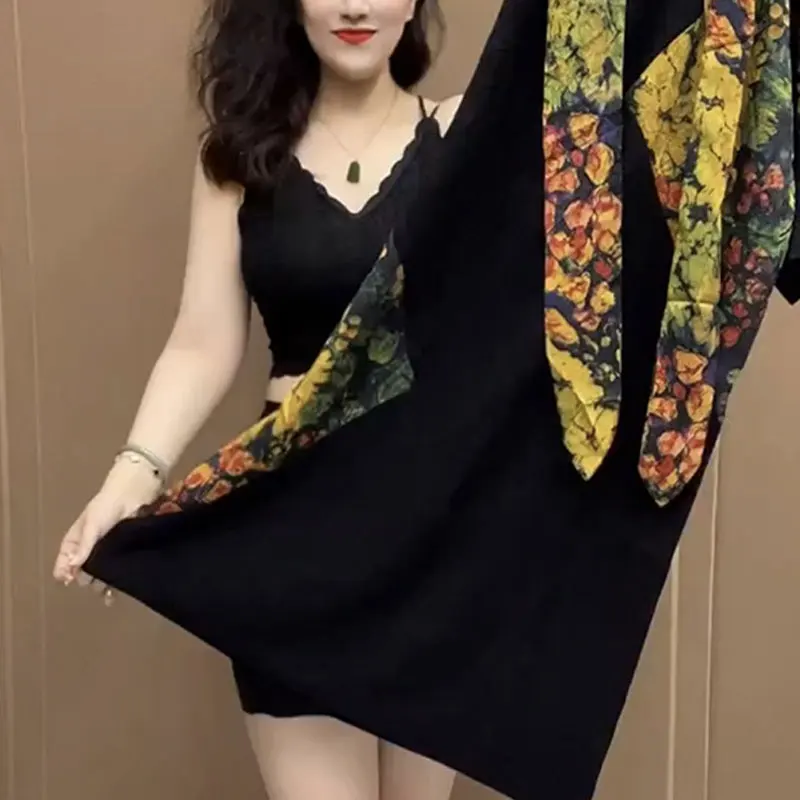 Casual Floral Patchwork Dresses Spring Summer 3/4 Sleeve Women\'s Clothing Scarf Collar Drawstring Loose A-Line Waist Midi Dress