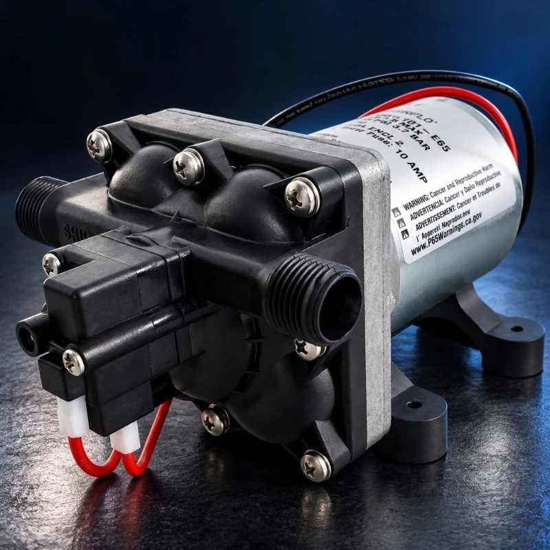 Self-Priming 12 V Water Pump 4008-101-A65 for Camping Trailer and Marine Systems, with Threaded Water Ports, Power Leads, and