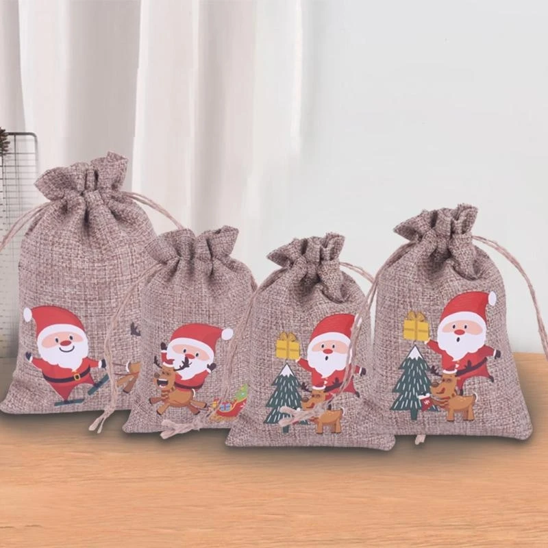 2pcs Jute Bags Christmas Gift Packaging Drawstring Xmas Goodie Bag for Jewelry Candy Storage Burlap Bag