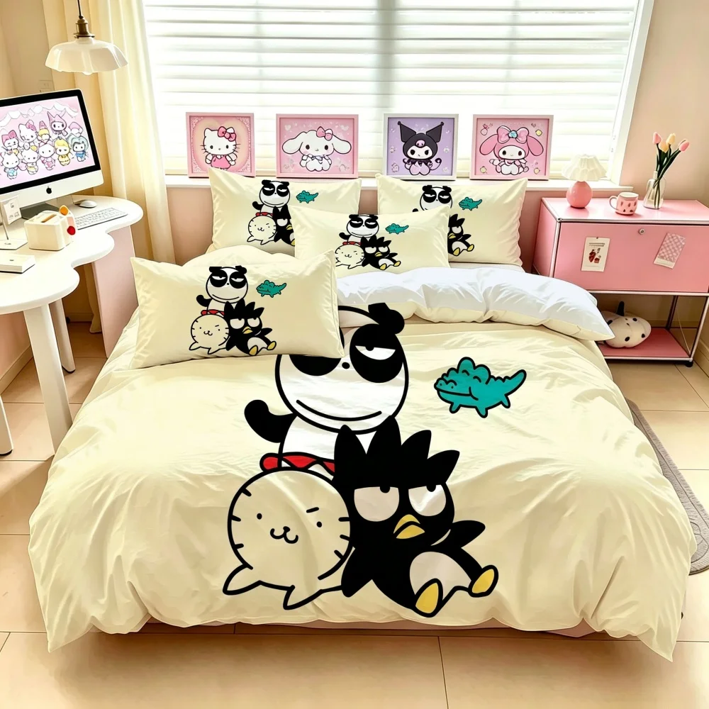 Sanrio Badtz Maru Bedding Set, Kawaii Cartoon Duvet Cover with Pillowcases, Soft Comforter Cover for Boys Girls Bedroom Decor