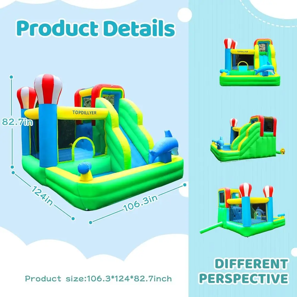 Scivolo d'acqua Iatable Bounce House per cortile esterno interno, castello gonfiabile regalo per feste per bambini 3-10 con piscina antispruzzo, arrampicata W