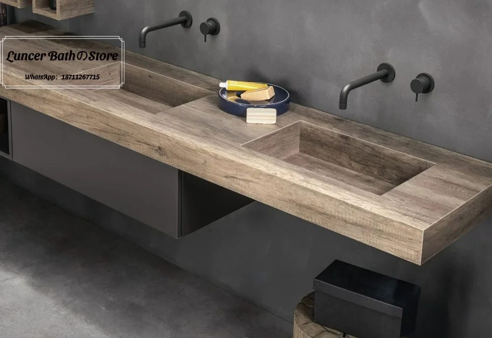 Mid-century Wall-mounted Oak & Elm Wood Bathroom Vanity, Luxury Marble Rock Slab Double Undermount Wash Basin