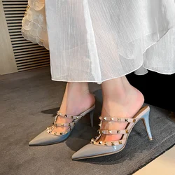 2025 New Summer Rivet Stiletto Sandals Pointed Toe Sexy Fashion Women's Sandals Classic Luxury Patent Leather Ladies High Heels