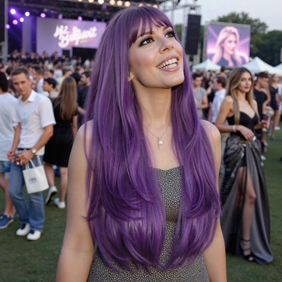 

Яркий фиолетовый длинный синтетический парик Fantasy для музыкальных фестивалей, стиль полной челки, шелковистая и глянцевая текстура, идеально подходит для вечеринок