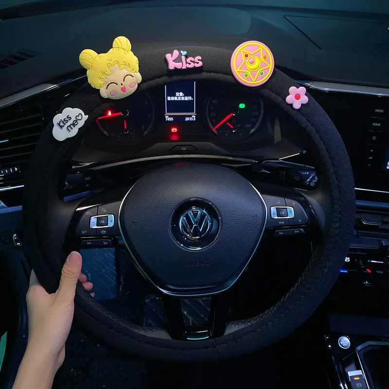 Cute cartoon car steering wheel cover, summer anti slip, breathable, sweat absorbing car handle gloves