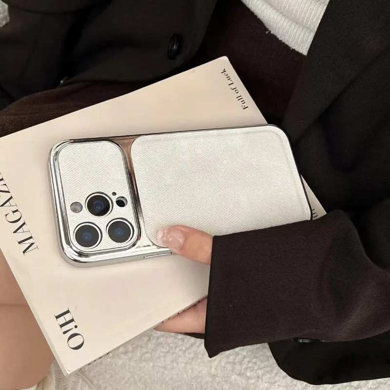 Plating Cushion Denim Cowboy Fabric Phone Case For iPhone 16 15 14 13 18 Pro Max Shockproof Instantly Turn 17 Large Window Cover