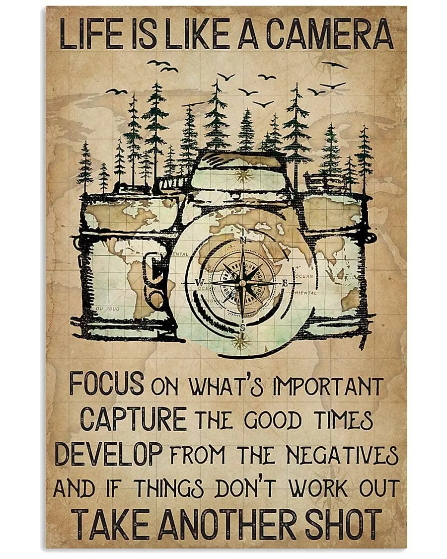 Camping Hiking With Camera Metal Sign Life Is Like A Camera Focus On WhatS Important Capture The Good Times Tin Sign Retro Plaqu