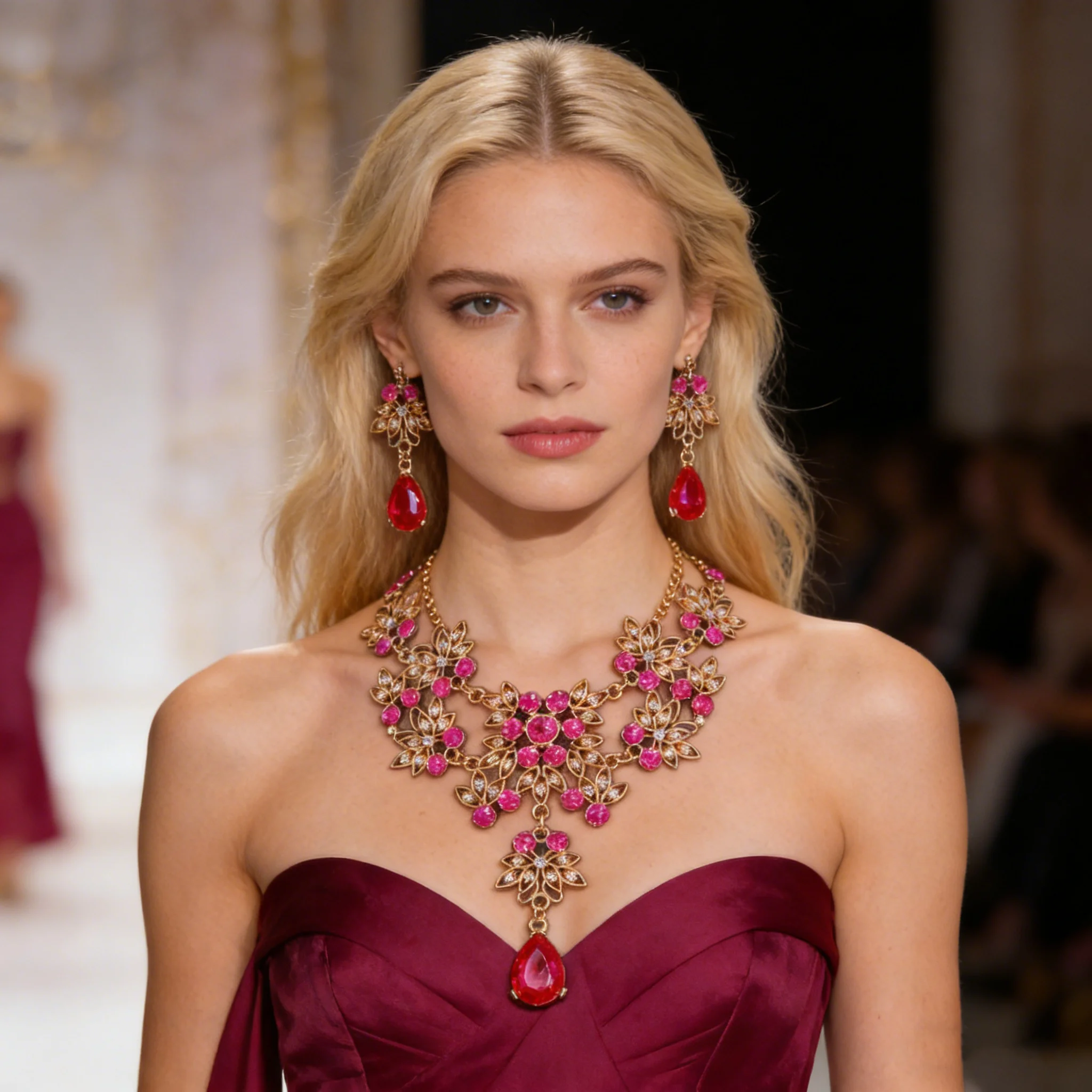 Multicolor Vintage Floral Crystal Jewelry Set Gold Plated Statement Necklace & Drop Earrings Formal Accessories for Brides