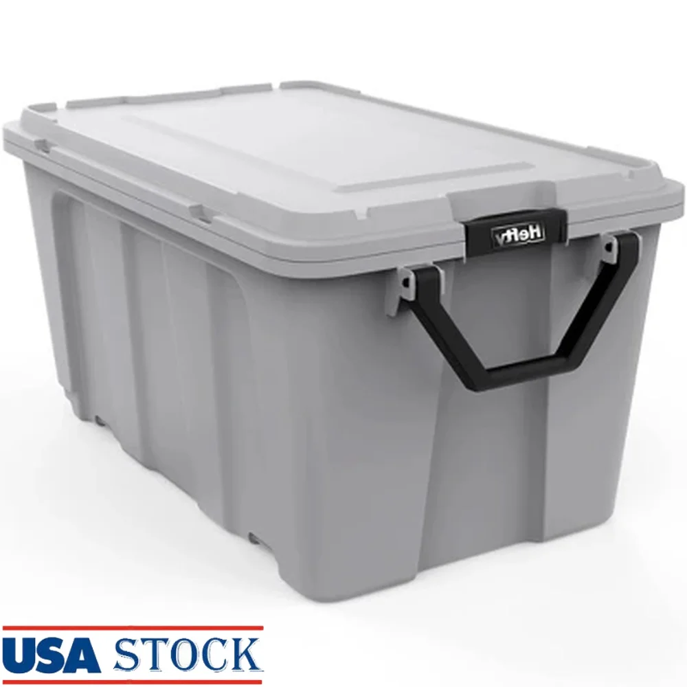 

Heavy Duty 50 Gallon Storage Tote with Wheels Ergonomic Handle Stackable Lidded Container Garage Home Moving Gear