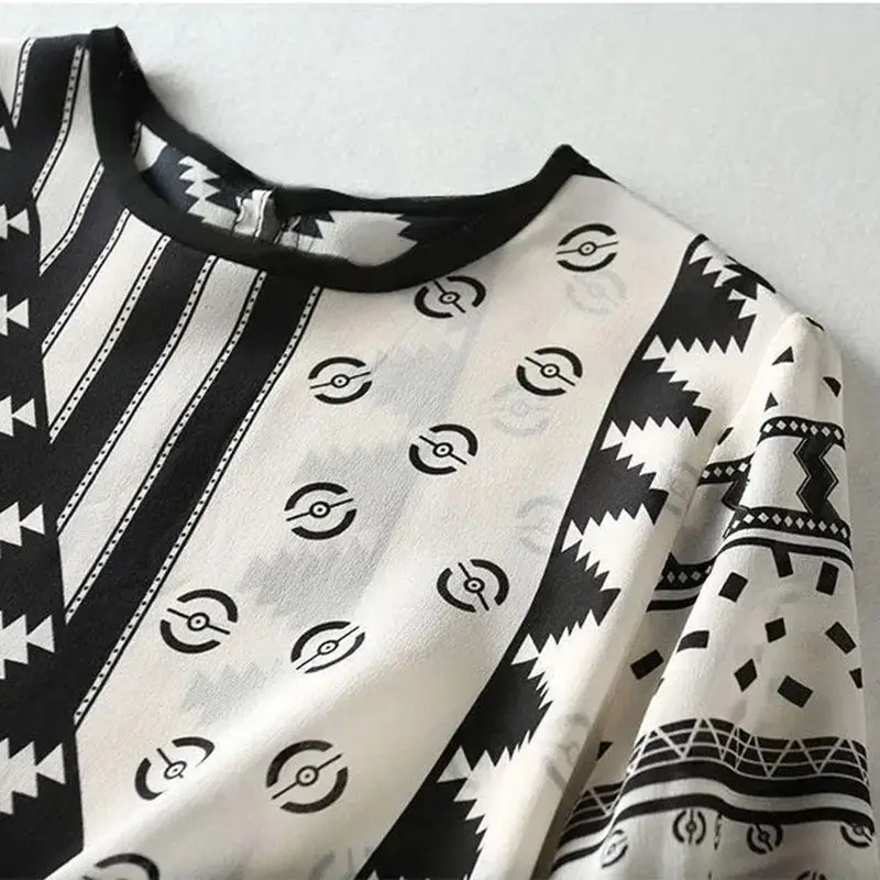 Geometric Printing Vintage O-Neck Short Sleeve Loose Women\'s Blouse T-Shirt Korean Fashion Female Clothing Tops 2024 Summer