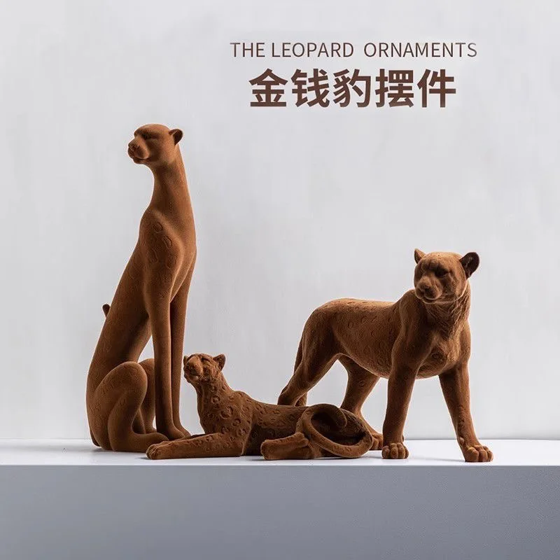 

Newest Brown Flocking Leopard Ornament Creative Simple Home Resin Decoration Home Accessories Animal Figurines